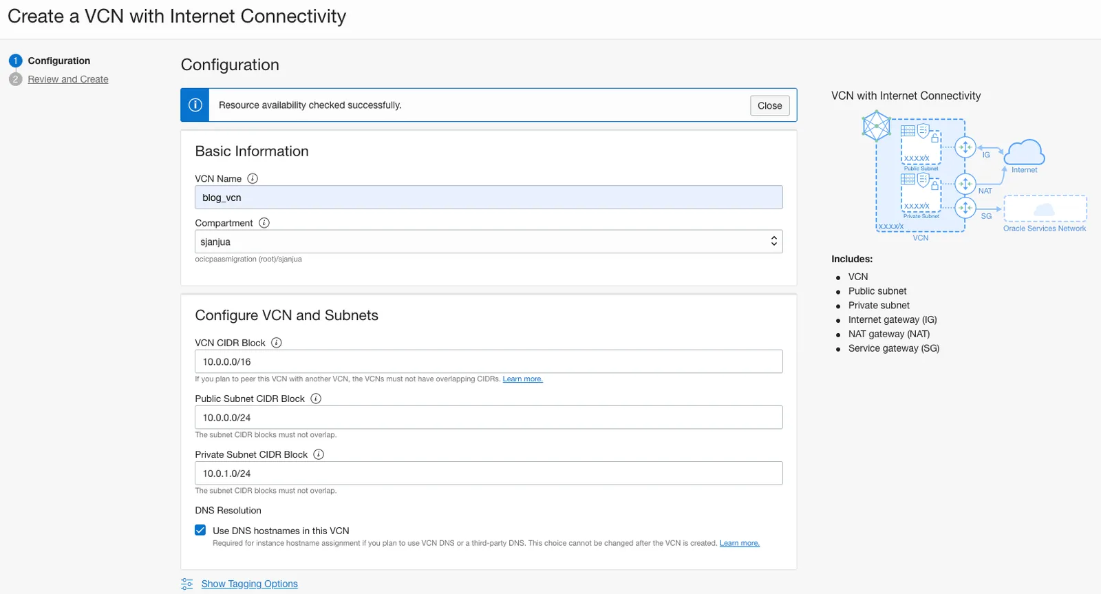OCI console: VCN wizard configuration form with VCN name, 10.0.0.0/16 VCN CIDR and public/private subnet CIDRs filled in