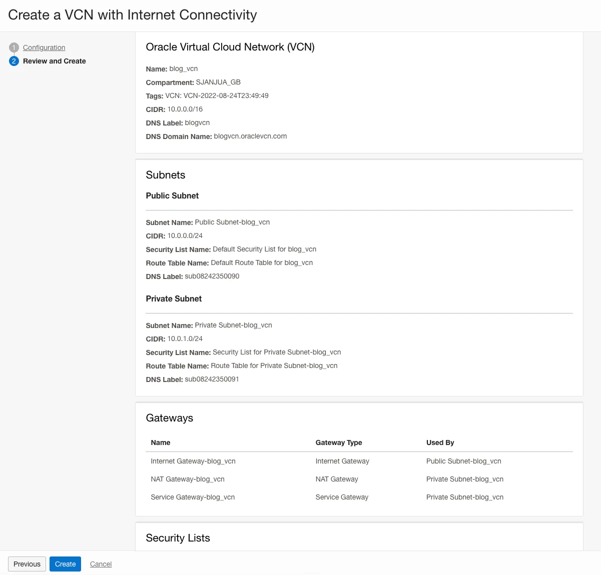 OCI console: VCN wizard review page listing the VCN, public and private subnets, and Internet, NAT and Service gateways
