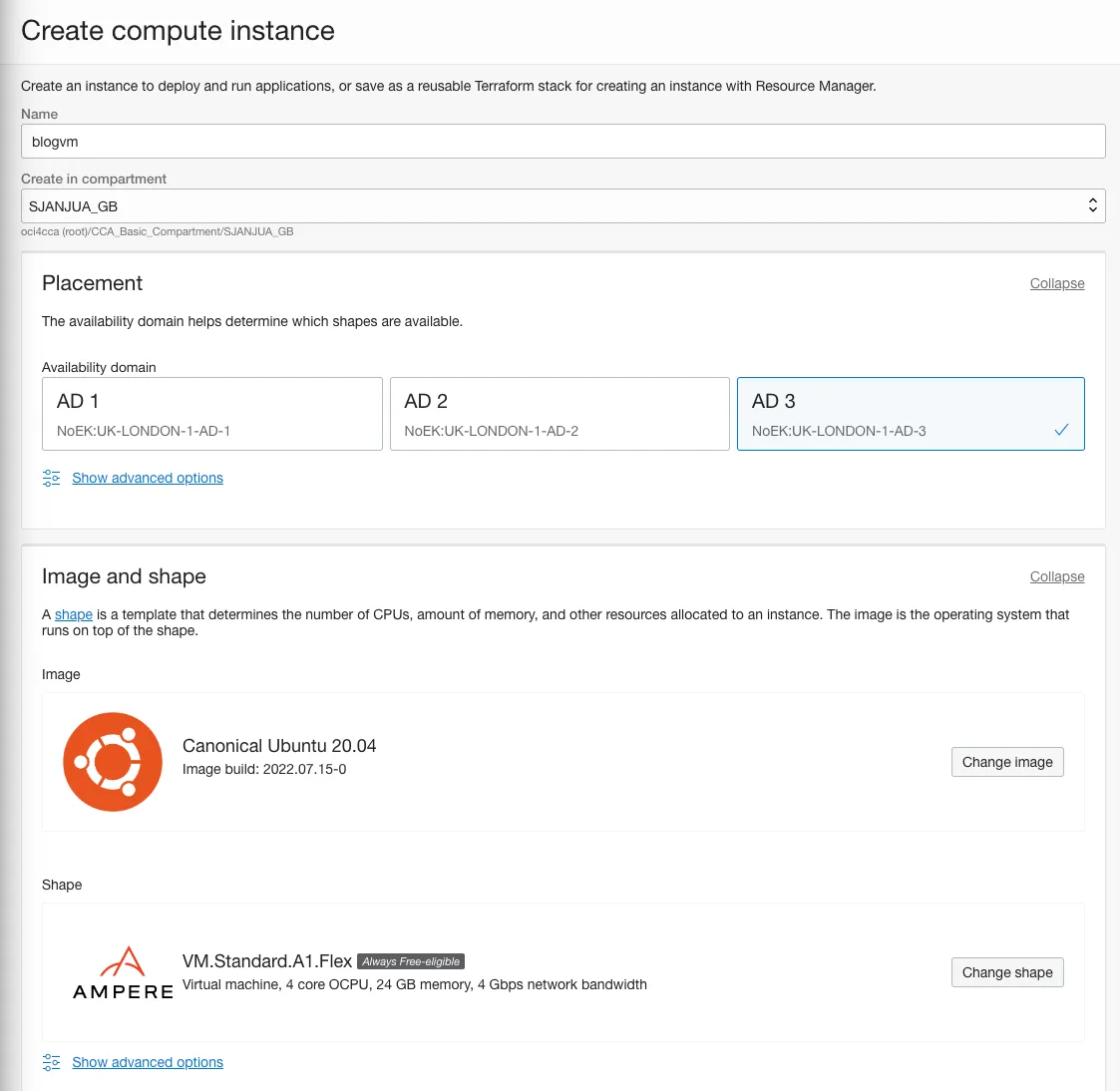 OCI console: Create compute instance form with Canonical Ubuntu 20.04 image and the Always Free VM.Standard.A1.Flex shape (4 OCPUs, 24 GB memory)
