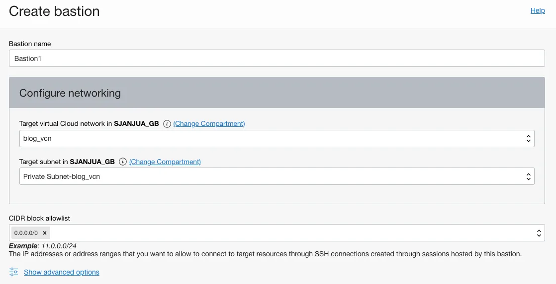 OCI console: Create bastion form targeting the blog VCN’s private subnet with 0.0.0.0/0 in the CIDR block allowlist