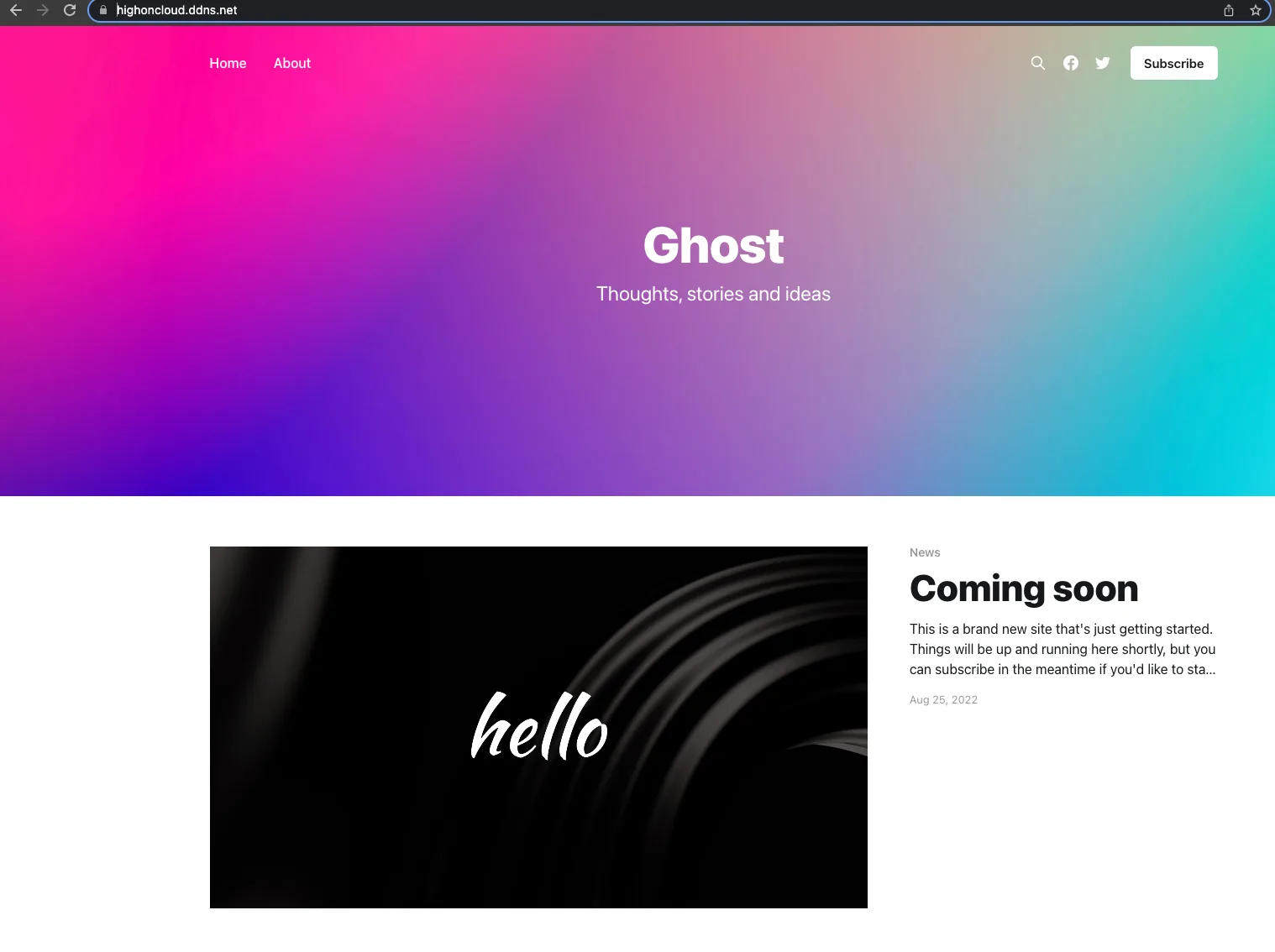 The freshly installed Ghost site served over HTTPS, showing the default theme with a “Coming soon” post