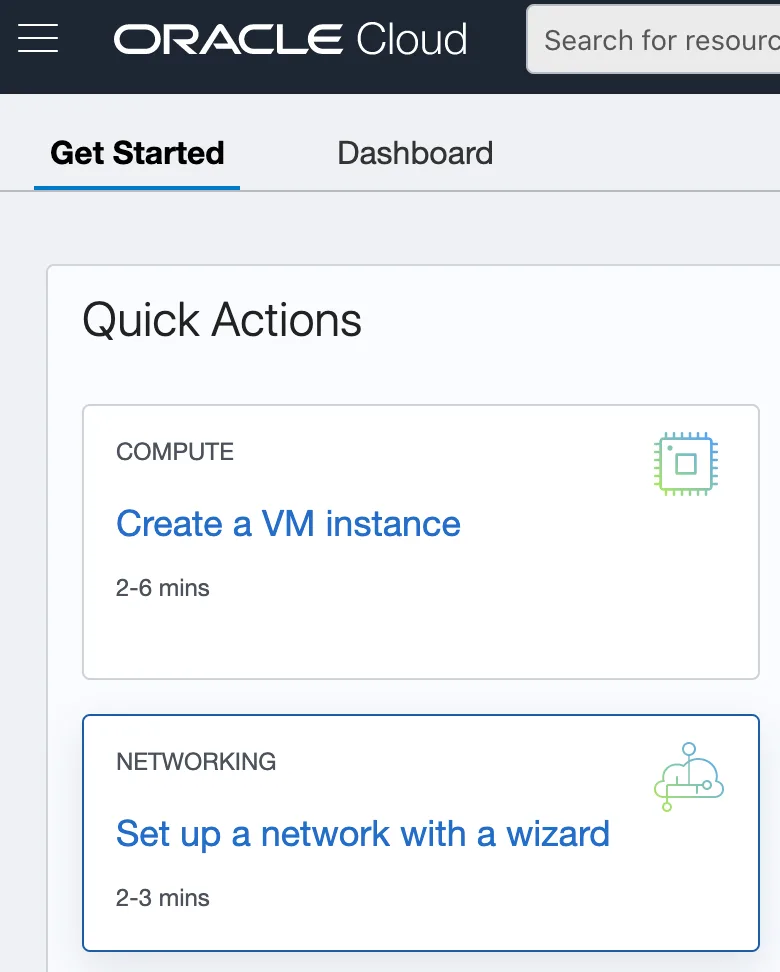 OCI console Get Started page with the “Create a VM instance” quick action