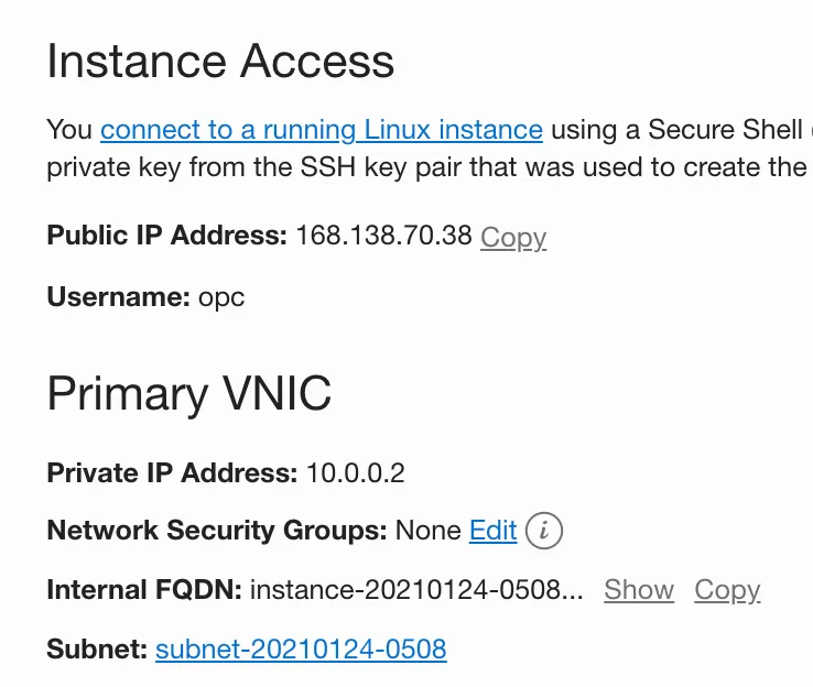 OCI console: Instance Access panel showing the VM’s public IP address and a link to its subnet