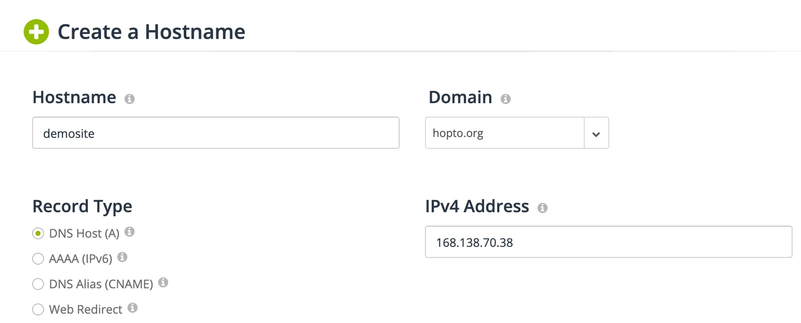 NoIP Create a Hostname form with a DNS Host A record pointing to the VM’s public IPv4 address