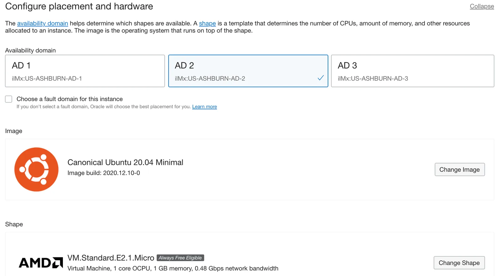 OCI console: placement and hardware section showing the Always Free Eligible VM.Standard.E2.1.Micro shape and Ubuntu 20.04 Minimal image