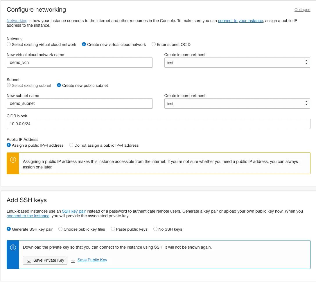OCI console: networking section naming the new VCN and subnet, plus the Save Private Key option under Add SSH keys