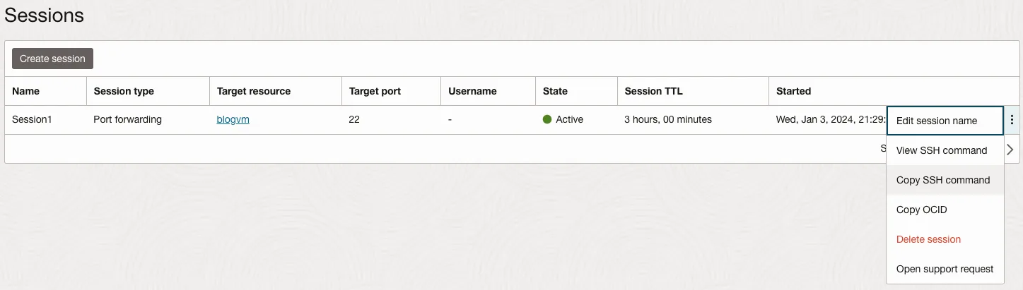 OCI console: bastion Sessions list with the row menu open on “Copy SSH command” for the active port forwarding session
