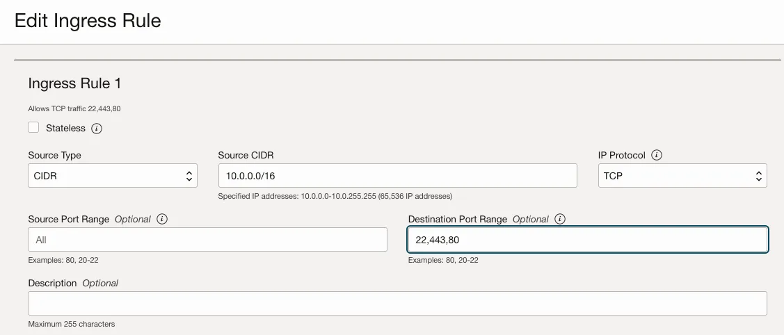 OCI console: Edit Ingress Rule form with destination port range extended to 22,443,80 for TCP traffic