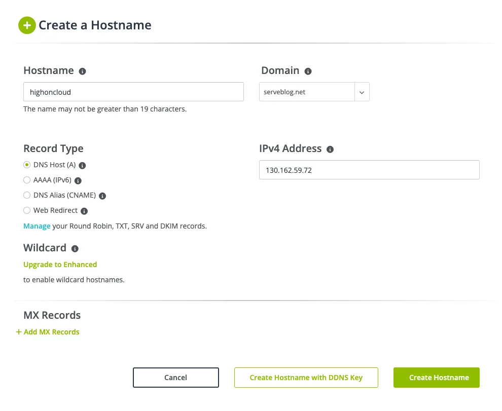 NoIP “Create a Hostname” form with a DNS Host (A) record pointing the domain to the load balancer’s public IP