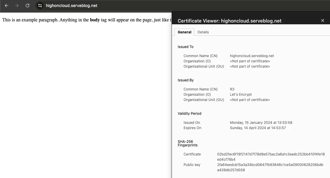 Browser certificate viewer for the demo site showing a valid certificate issued by Let’s Encrypt with a 90-day validity period