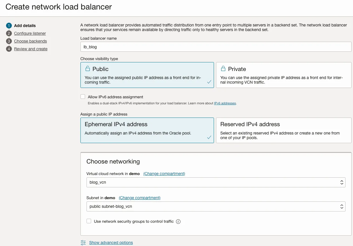 OCI console: Create network load balancer details step with Public visibility and the public subnet selected under Choose networking