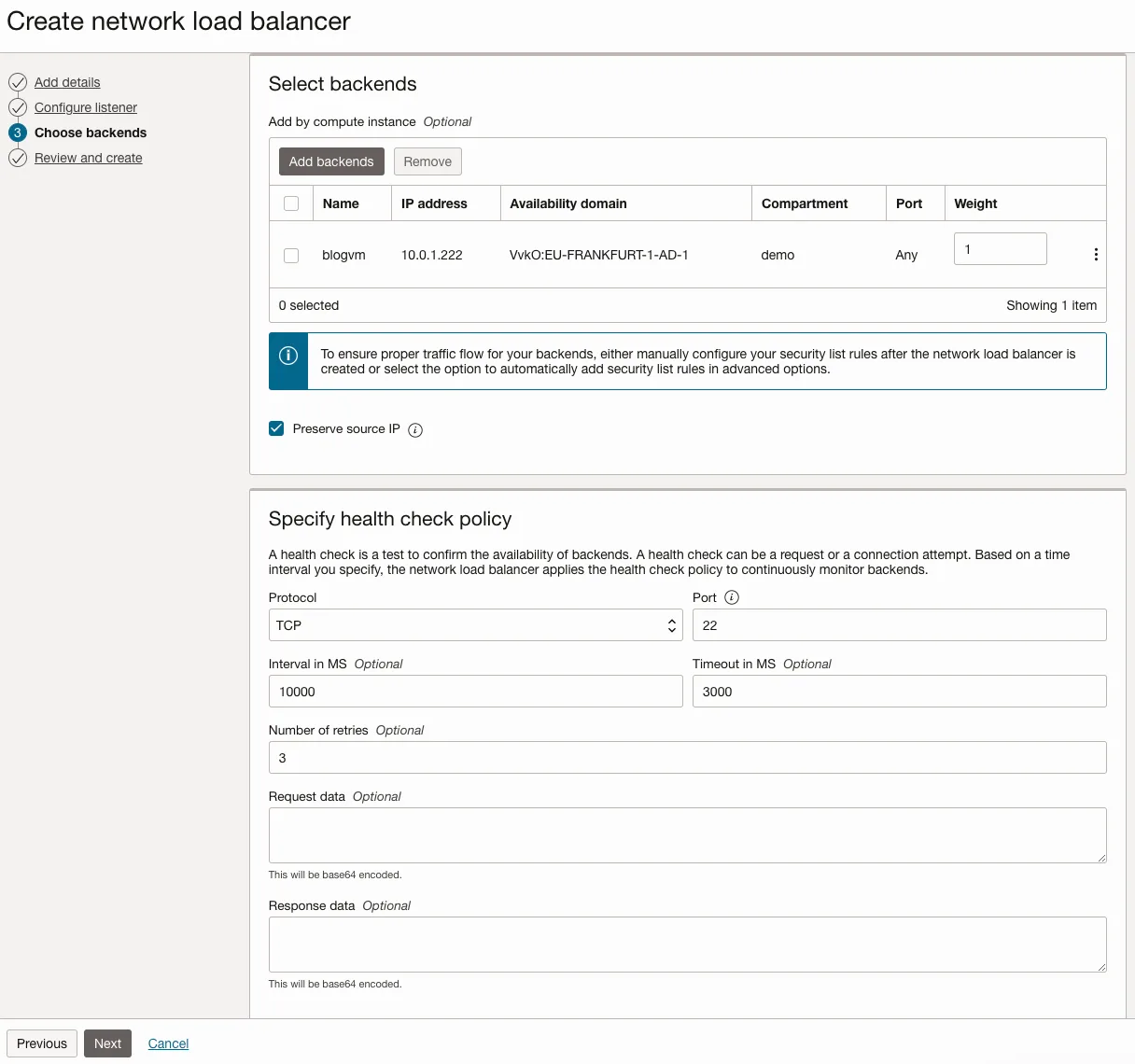 OCI console: load balancer backend selection showing the blogvm instance and a TCP health check on port 22