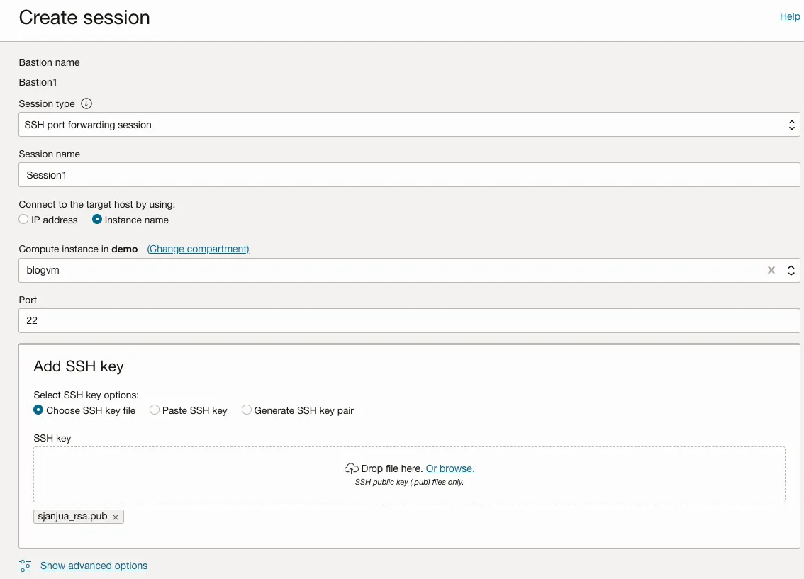 OCI console: Create session form for an SSH port forwarding session to the blogvm instance on port 22 with a public key uploaded