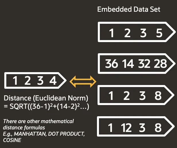 Euclidean distance formula comparing a query vector against four vectors in an embedded data set