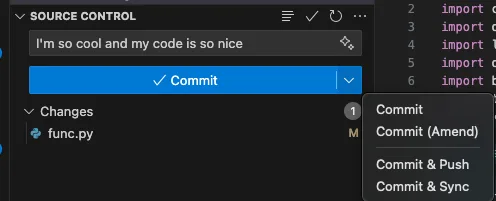 VS Code source control panel committing func.py with the Commit & Push option open