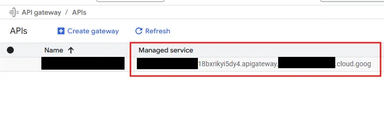 GCP console: API Gateway APIs list showing the Managed service name ending in apigateway.cloud.goog