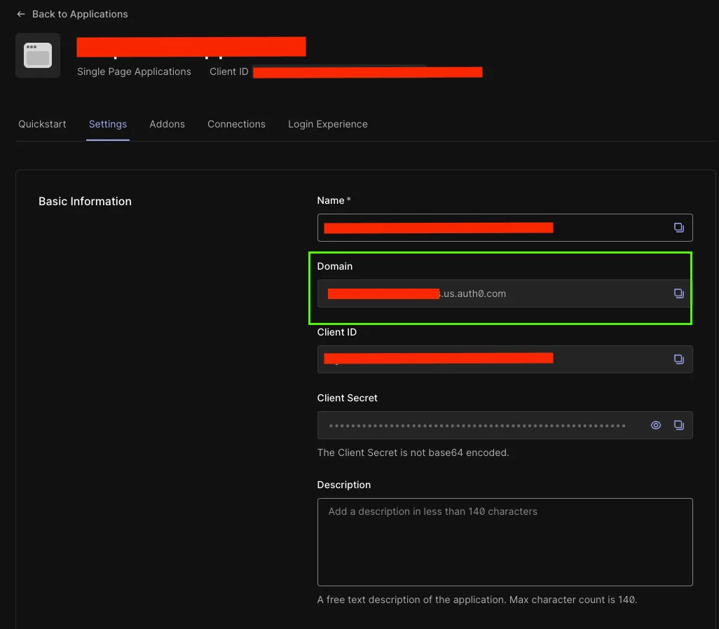 Auth0 console: application Settings tab with the Domain field highlighted under Basic Information