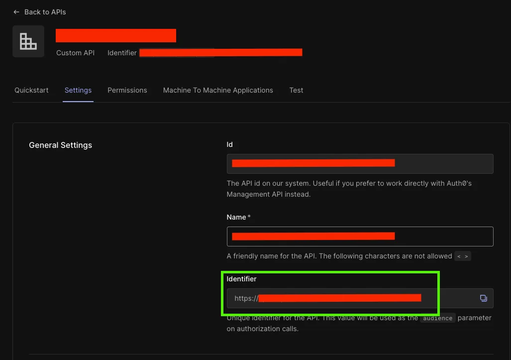 Auth0 console: API Settings tab with the Identifier (audience) field highlighted