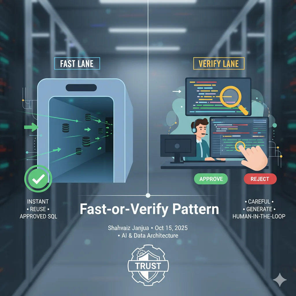 Illustration of two query lanes — instant reuse of approved SQL and a human-review path — converging on one database